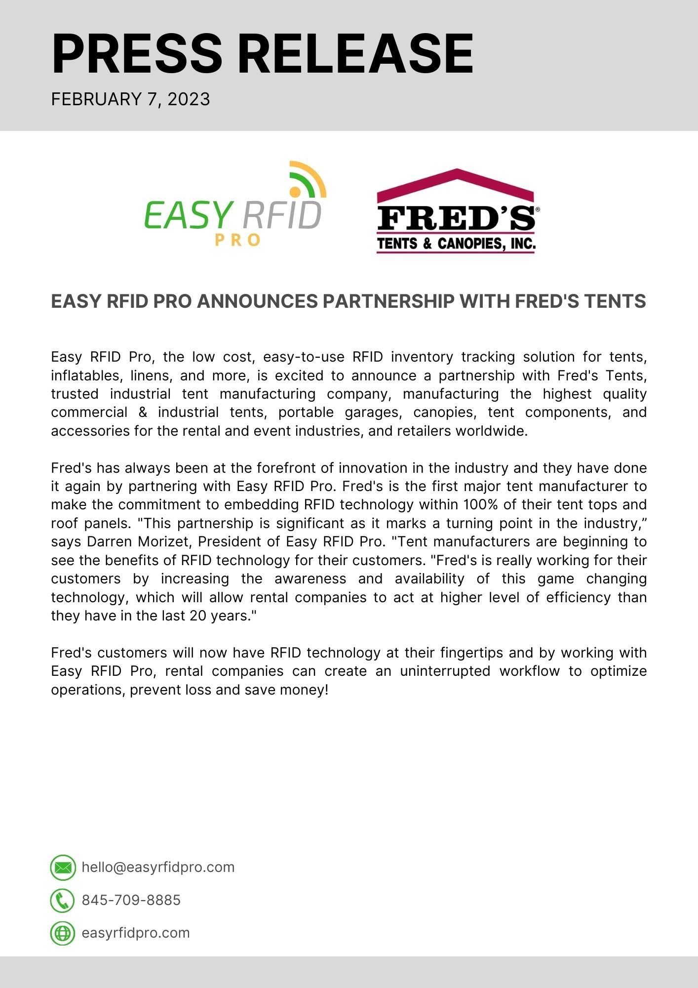 Easy RFID Pro and Fred's Press Release 2/7/23