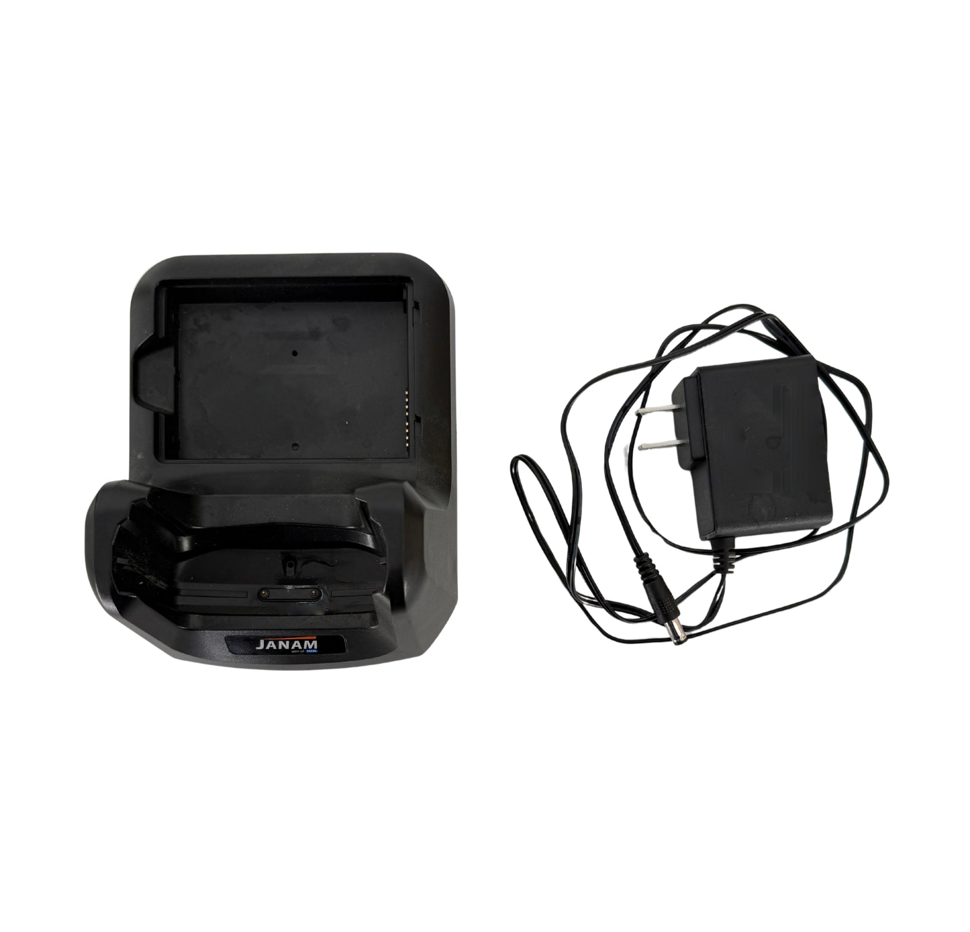 Black electronic device with charging cable on a white background